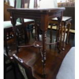 AN EDWARDIAN MAHOGANY FOLDING AND SWIVELING TOP ENVELOPE CARD TABLE, WITH SMALL FRIEZE DRAWER,
