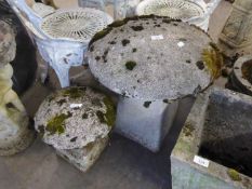 TWO VARIOUS CAST RECONSTITUTED STONE STADDLE STONES OR MUSHROOM GARDEN ORNAMENTS