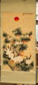 20th CENTURY CHINESE GOUACHE ON PAPER SCROLL PAINTING OF RED-CRESTED CRANES, in flight and perched