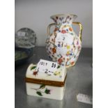 COPELAND SPODE CHINA SMALL TWO HANDLED OVULAR VASE, PAINTED WITH BUTTERFLIES AND FLOWERING SHRUBS,