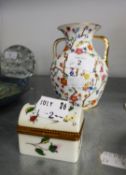 COPELAND SPODE CHINA SMALL TWO HANDLED OVULAR VASE, PAINTED WITH BUTTERFLIES AND FLOWERING SHRUBS,