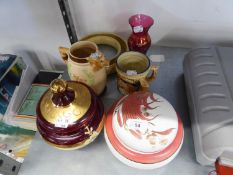 MURANO GLASS JAR AND COVER, RUBY AND GILT WITH FLORAL DECORATION, CRANBERRY GLASS VASE AND FOUR