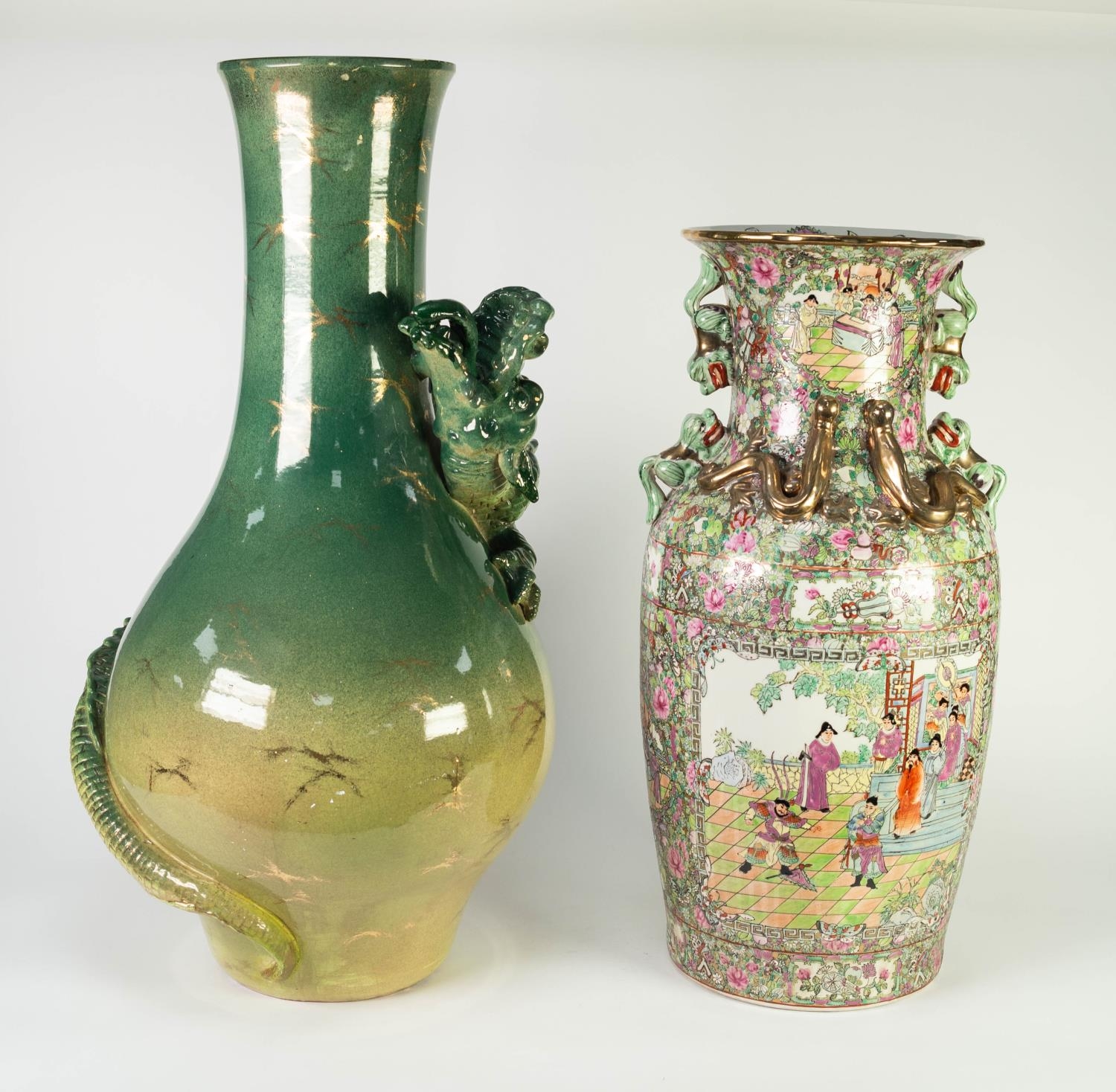 TWO MODERN ORIENTAL POTTERY VASES, one of baluster form, moulded in high relief with a spiralling - Image 2 of 2