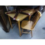 A SMALL BEECHWOOD SQUARE KITCHEN TABLE AND A PAIR OF COMB BACKED SINGLE CHAIRS WITH PANEL SEATS (3)