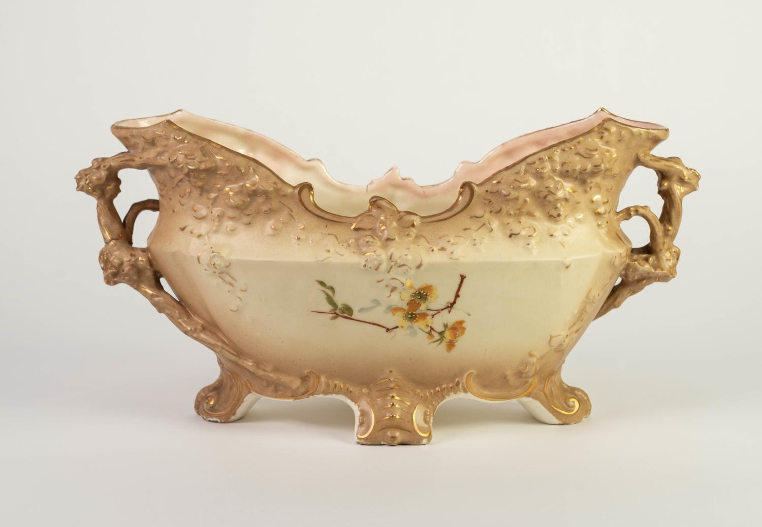 EARLY TWENTIETH CENTURY ERNST WAHLISS, BLUSH PORCELAIN TWO HANDLED BOAT SHAPED FLOWER HOLDER, - Image 2 of 2