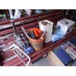 VARIOUS WOOD AND METAL WORKING TOOLS AND A LARGE RUBBER PAVING MALLET