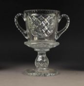 HEAVY QUALITY CUT GLASS TWO HANDLED GOBLET PATTERN VASE, 8 ½? (21.6cm) high, unmarked C/R-