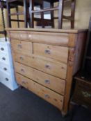 VICTORIAN PINE CHEST OF TWO SHORT AND THREE LONG DRAWERS AND WITH CONCEALED FRIEZE DRAWER, GLASS