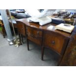 A REPRODUCTION MAHOGANY HEPPLEWHITE STYLE DINING ROOM SUITE OF TWIN PILLAR TABLE, SIDEBOARD, 6