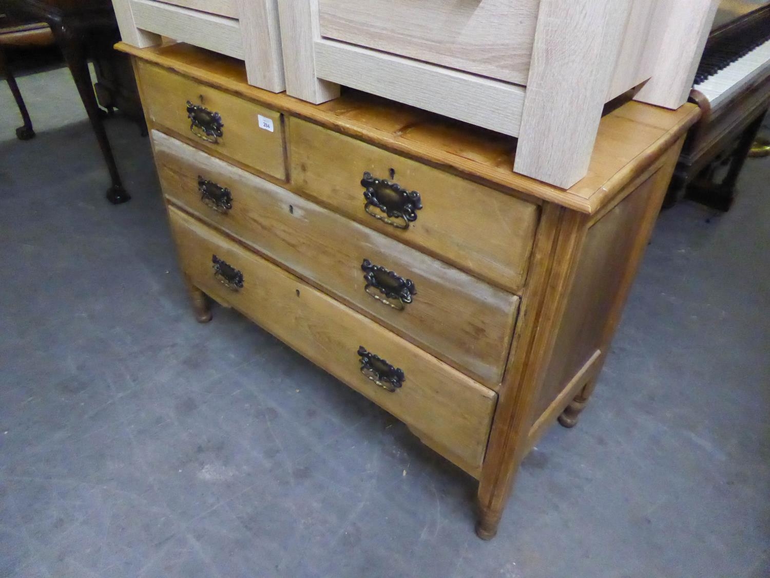 EDWARDIAN PINE CHEST OF TWO SHORT AND TWO LONG DRAWERS, WITH BRASS DROP HANDLES, ON TURNED FEET, 3?