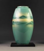 MODERN JAPANESE KUTANI WARE PORCELAIN VASE, of ovoid form, decorated in sprayed shades of green