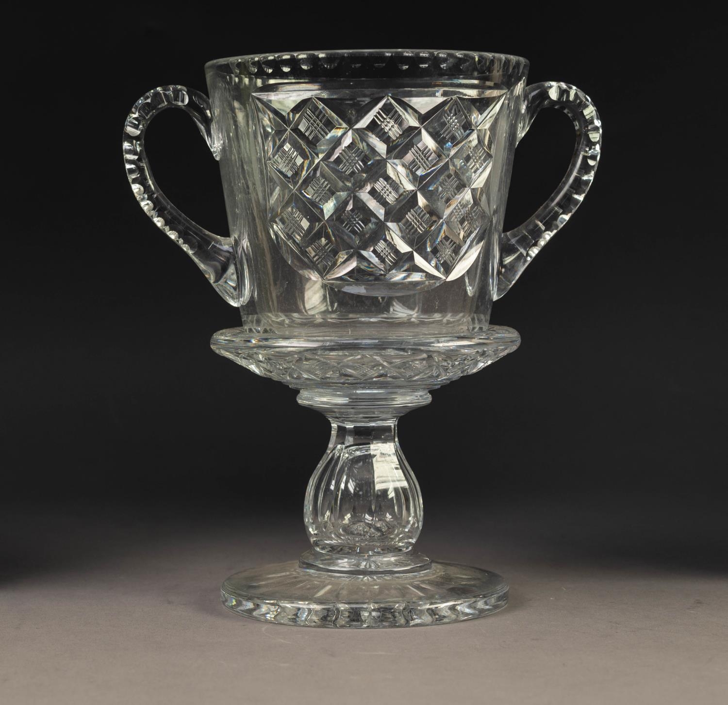 HEAVY QUALITY CUT GLASS TWO HANDLED GOBLET PATTERN VASE, 8 ½? (21.6cm) high, unmarked C/R- - Image 2 of 2