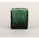 WHITEFRIARS STYLE MOULDED GREEN GLASS VASE, of square from, 5? (12.7cm) high, 4 ¾? (12.1cm) wide,