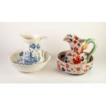 TWO POTTERY TOILET JUG AND BOWL SETS, one in the Mason?s Imari style, ?Ironstone China?, the other