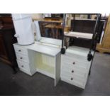 A WHITE FINISH SINGLE PEDESTAL DRESSING TABLE WITH MIRROR AND THREE DRAWERS, THE MATCHING SMALL