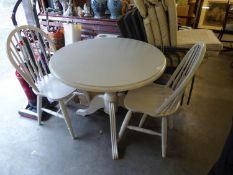 A WHITE FINISH CIRCULAR KITCHEN TRIPOD TABLE AND A PAIR OF SIMILAR HOOP BACK SINGLE CHAIRS (3)