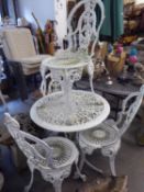 A SET OF FOUR ORNATE WHITE CAST METAL VICTORIAN STYLE GARDEN SINGLE CHAIRS AND A CIRCULAR TRIPOD