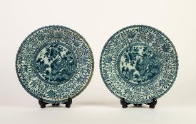 PAIR OF MODERN ORIENTAL PORCELAIN SHALLOW DISHES, transfer printed in blue, 8 3/4in (22.5cm)