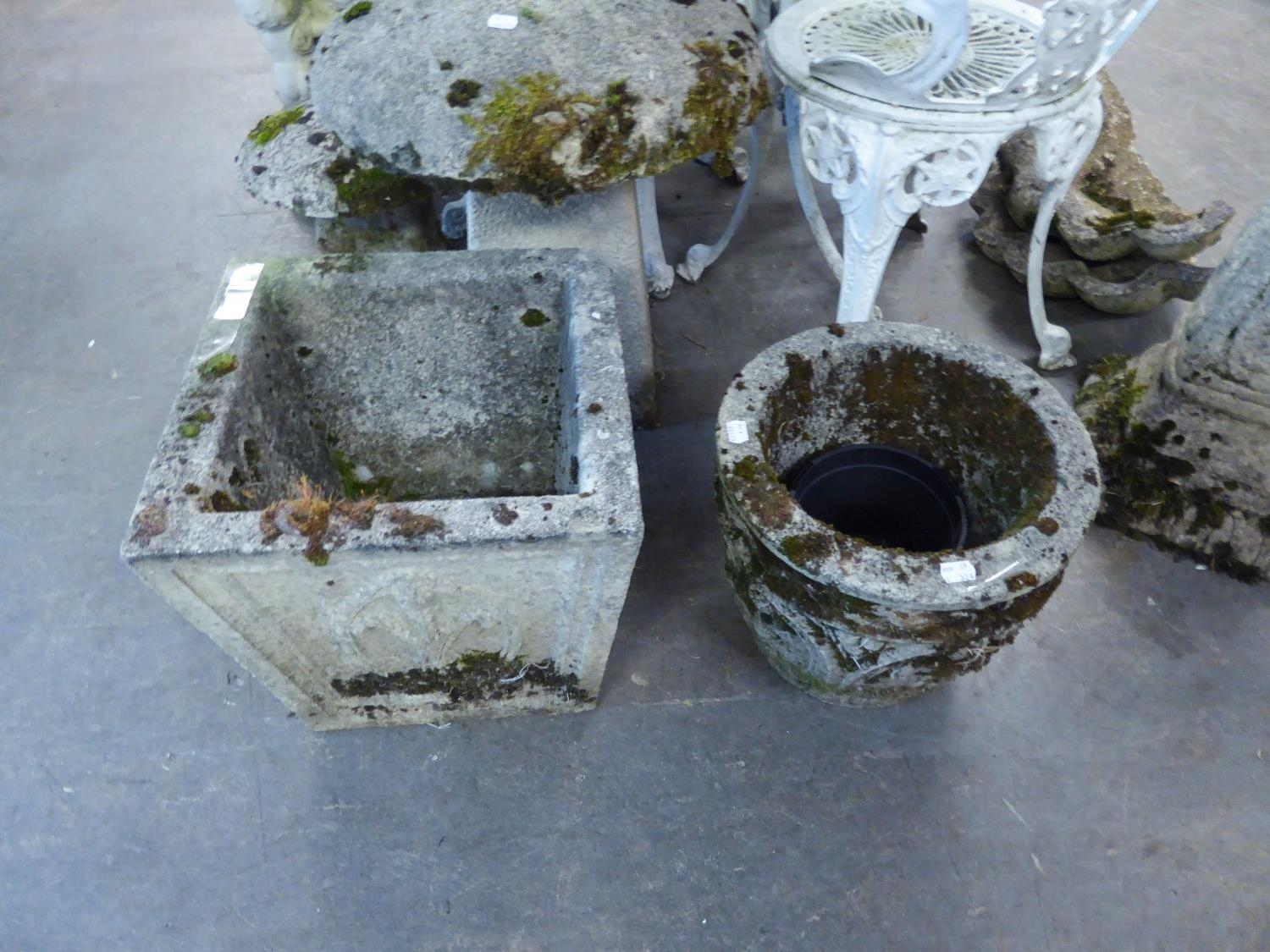 A SQUARE AGGREGATE GARDEN VASE AND A CIRCULAR VASE