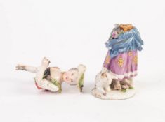 EIGHTEENTH CENTURY ENGLISH PORCELAIN FIGURE, painted in colours and modelled as a maid with a lamb