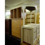 A LIGHTWOOD TWO DOOR/FALL FRONT SHOE CUPBOARD, A LIGHTWOOD 3 SHELF UNIT AND A WHITE PAINTED DEMI-