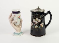 EARLY 20th CENTURY CONTINENTAL HAND HOLDING VASE/PORCELAIN FLOWER RECEIVER, hand painted with sprigs