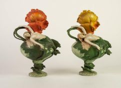 MATCHING PAIR OF ROYAL DUX STYLE FIGURAL PEDESTAL ORNAMENTS, each painted in muted tones and