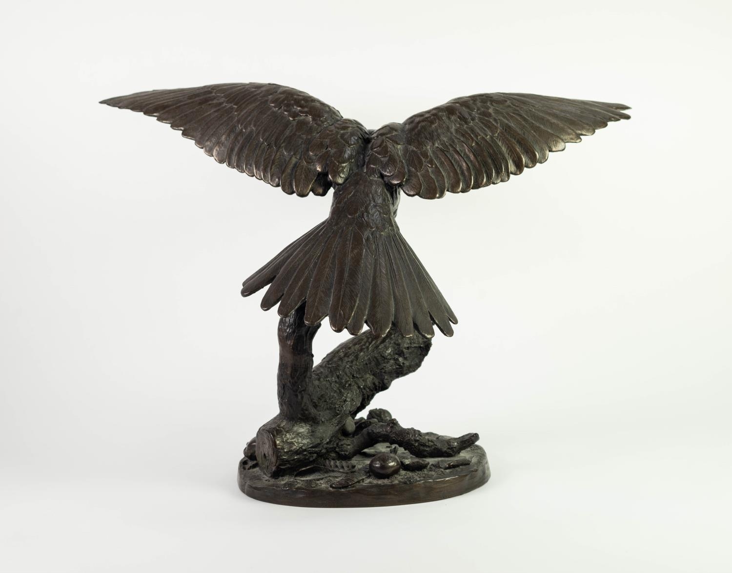 JEANNE RYNHART 1946-2020 BRONZED RESIN SCULPTURE ?Kestrel? modelled about to land on a tree stump - Image 2 of 3