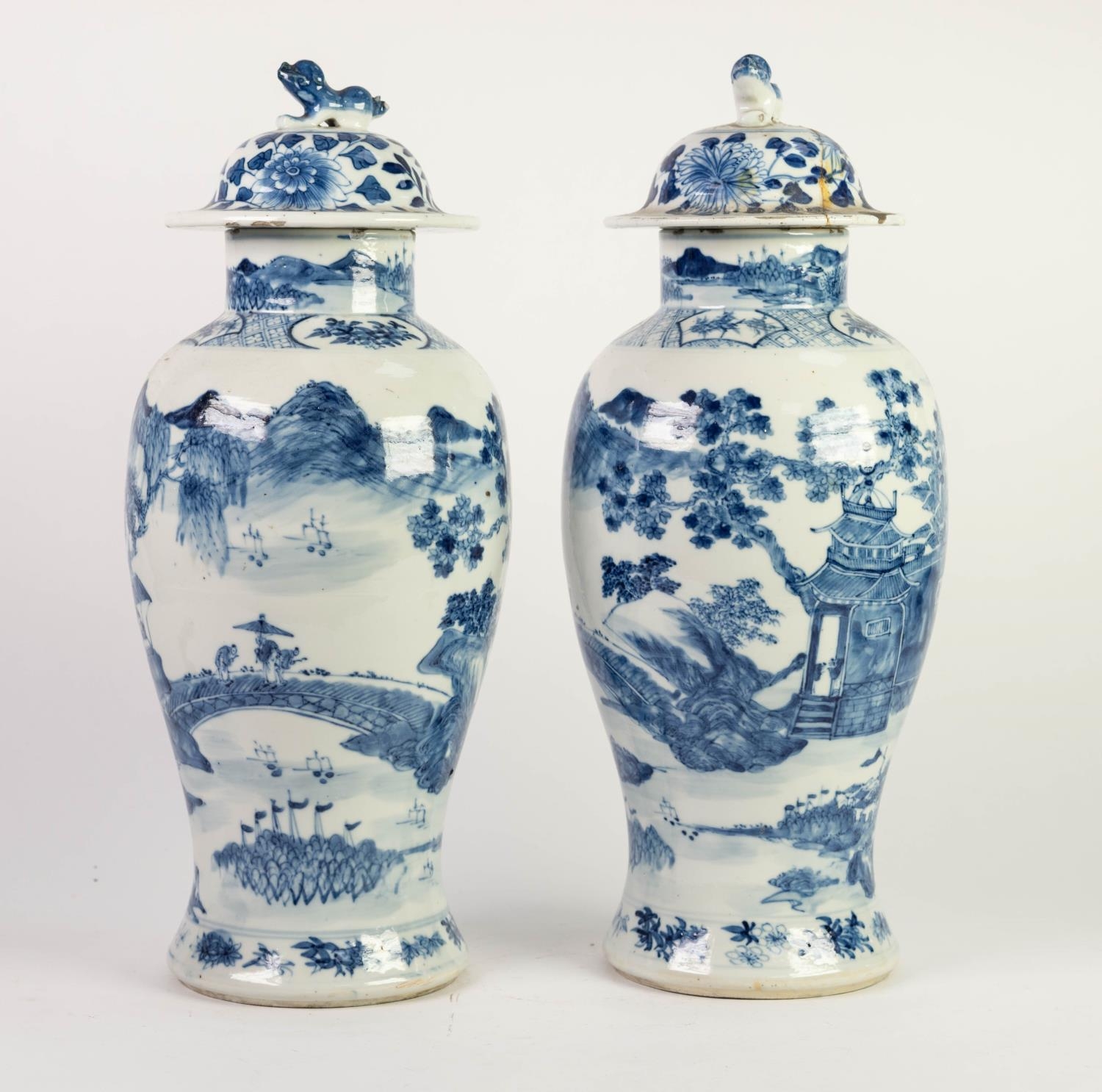 PAIR OF NINETEENTH CENTURY CHINESE BLUE AND WHITE PORCELAIN VASES WITH LATER COVERS, each well - Image 3 of 3