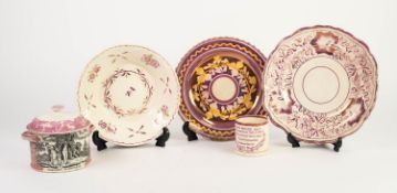 FIVE PIECES OF NINETEENTH CENTURY SUNDERLAND LUSTRE POTTERY, comprising: TWO HANDLED ?MOONLIGHT