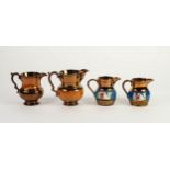 FOUR NINETEENTH CENTURY COPPER LUSTRE POTTERY JUGS, including a pair, 4 ½? (11.5cm) high ad smaller,