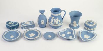 ELEVEN PIECES OF WEDGWOOD PALE BLUE AND WHITE JASPER WARE, including three various small boxes and