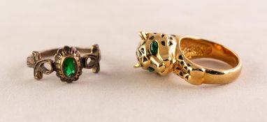 SILVER GILT DRESS RING collet set with a green stone, Birmingham hallmark and a GOLD PLATED RING