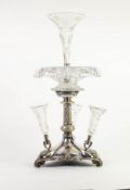 LATE VICTORIAN ELECTROPLATED AND CUT GLASS FOUR VASE TABLE EPERGNE OR CENTRE PIECE, the central dish