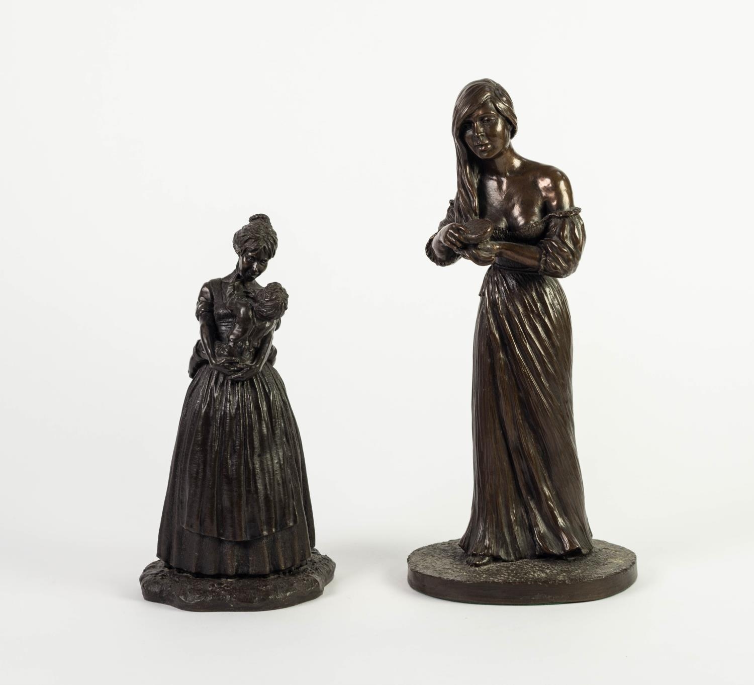 TWO BRONZED RESIN SCULPTURES JEANNE RYNHART (1946-2020) Modelled as a woman combing her hair 12? (