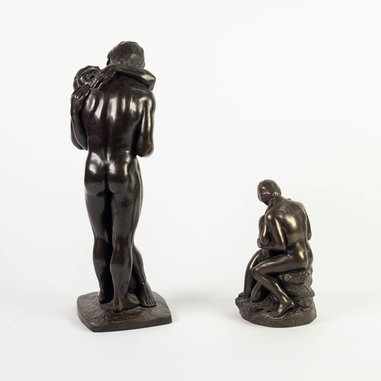 TWO HEREDIITES BRONZED RESIN GROUPS OF NAKED FIGURES EMBRACING One modelled standing, signed ROWLAND - Image 2 of 2