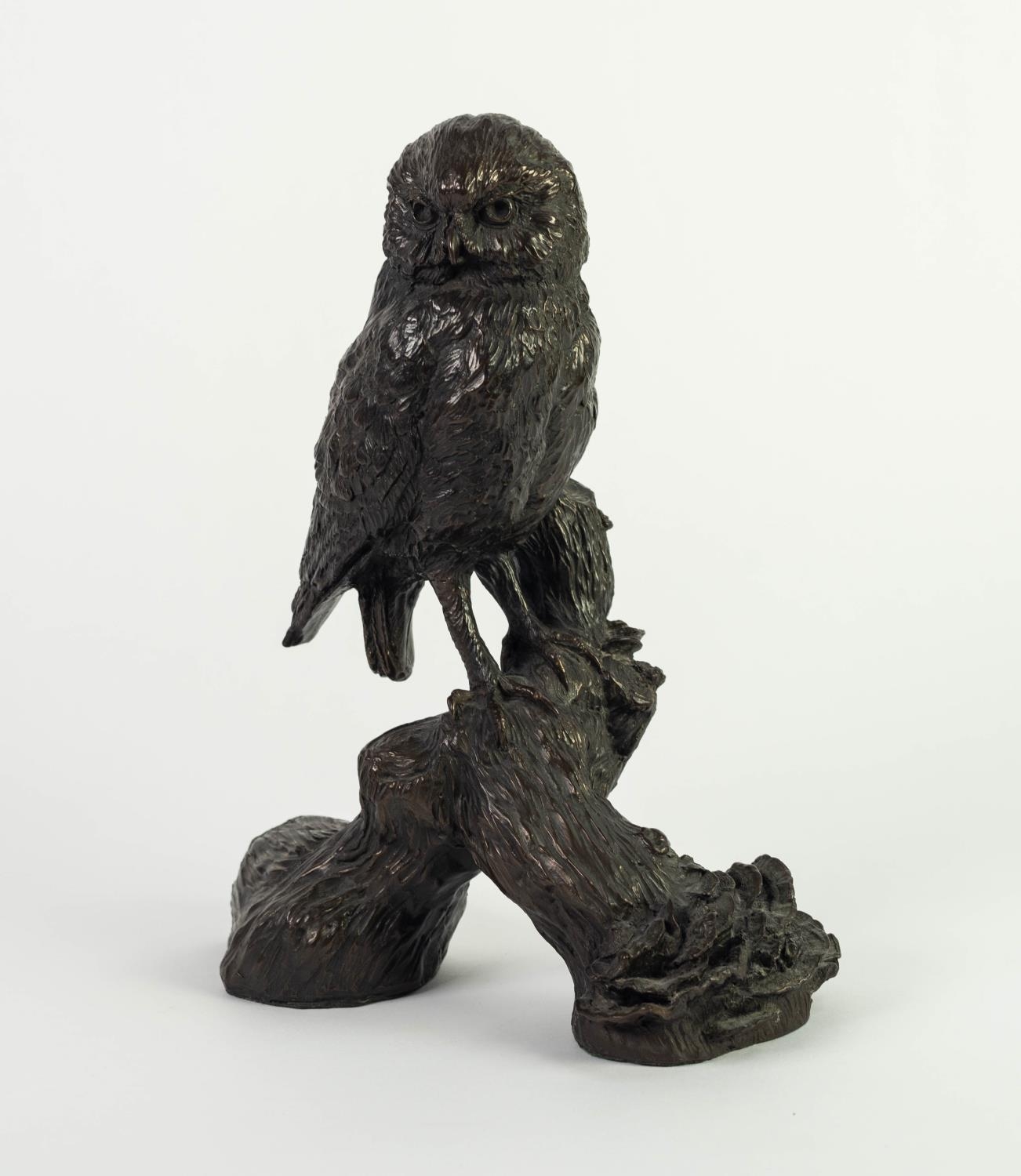 JEANNE RYNHART (1946-2020) BRONZED RESIN SCULPTURE Modelled as an owl perched on a tree branch