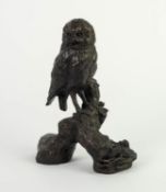 JEANNE RYNHART (1946-2020) BRONZED RESIN SCULPTURE Modelled as an owl perched on a tree branch