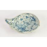 CANTAGALLI, ITALIAN BLUE AND WHITE FAIENCE POTTERY LEAF SHAPED DISH, painted with a cherub and