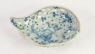 CANTAGALLI, ITALIAN BLUE AND WHITE FAIENCE POTTERY LEAF SHAPED DISH, painted with a cherub and