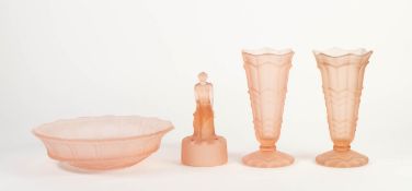 PRE-WAR PINK FROSTED GLASS BOWL and a CENTREPIECE in the form of a seated semi-draped female nude,