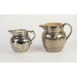 TWO NINETEENTH CENTURY PLATINUM LUSTRE GLAZED POTTERY JUGS, one floral decorated, 5 ½? (14cm)