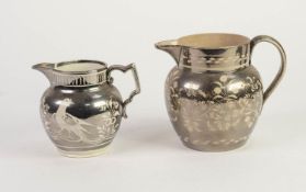 TWO NINETEENTH CENTURY PLATINUM LUSTRE GLAZED POTTERY JUGS, one floral decorated, 5 ½? (14cm)