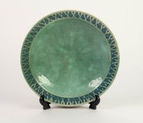 LOCKHEAD, KIRKBRIGHT STUDIO POTTERY SHALLOW BOWL, glazed in mottled green beneath a blue X pattern