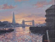 CHARLES ROWBOTHAM, (MODERN) OIL ON BOARD ?Sunset Toward Tower Bridge? Signed, titled to gallery