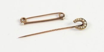 15ct GOLD STICK PIN, the horseshoe pattern top set with seed pearls, 2 gms and a SAFETY PIN BROOCH