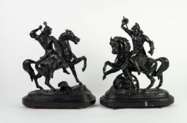 PAIR OF BLACK LACQUERED SPELTER EQUESTRIAN FIGURES OF WARRIORS, on rounded oblong black wood bases