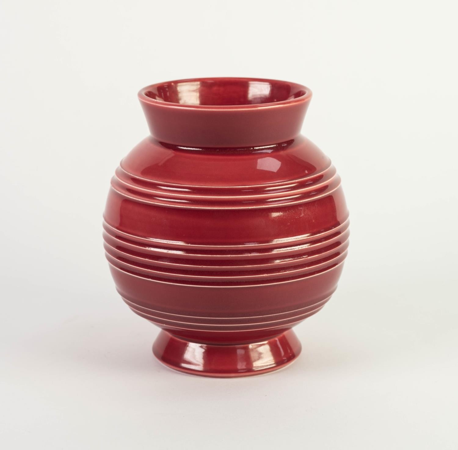 MINTON DARK PINK GLAZED STUDIO POTTERY ORBICULAR VASE with three bands of three, five and three - Image 2 of 3