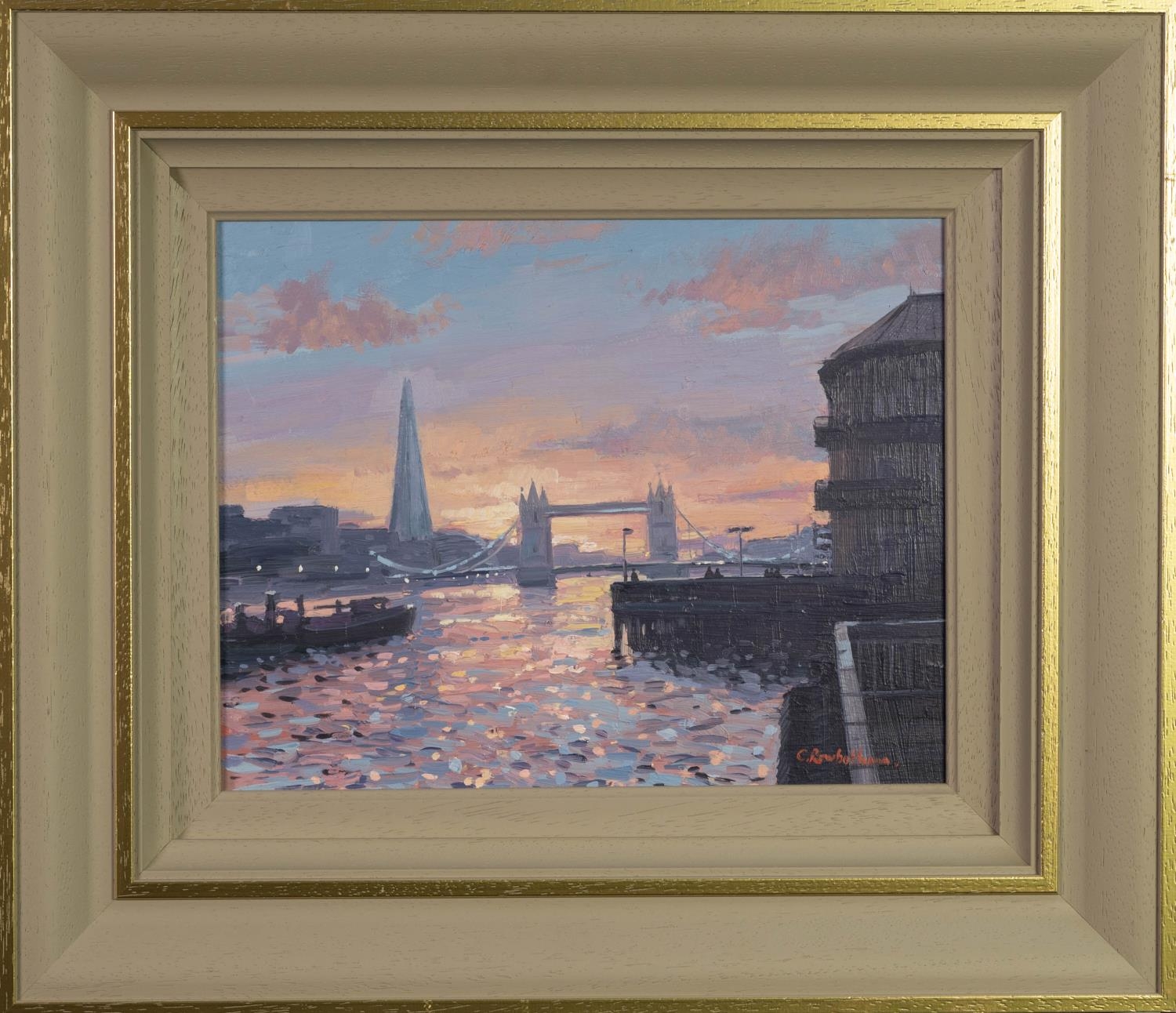 CHARLES ROWBOTHAM, (MODERN) OIL ON BOARD ?Sunset Toward Tower Bridge? Signed, titled to gallery - Image 2 of 2