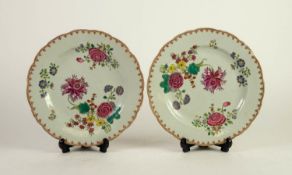 PAIR OF EIGHTEENTH CENTURY CHINESE FAMILLE ROSE PORCELAIN PLATES, each painted in colours with